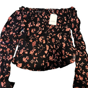Emily Wonder Stylish Black and Pink/Peach Floral Off-Shoulder/Boat Neck Blouse